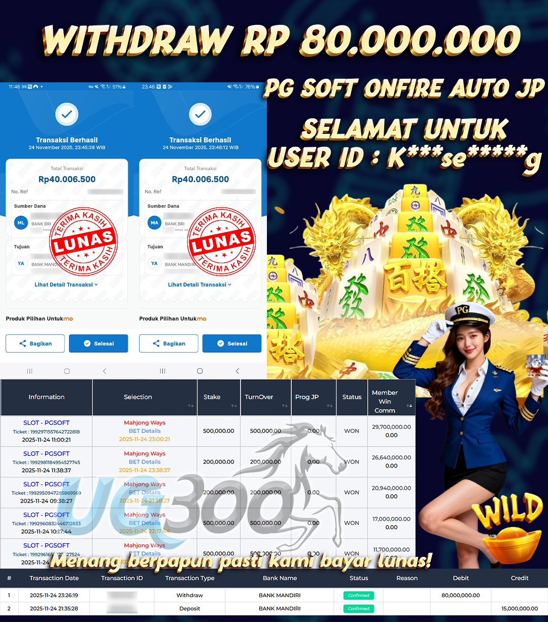 UG300 BERMAIN DI MAHJONG WAYS PG SOFT ONFIRE JACKPOT WINSTREAK  Rp.80,000,000- DI BAYAR TUNTAS